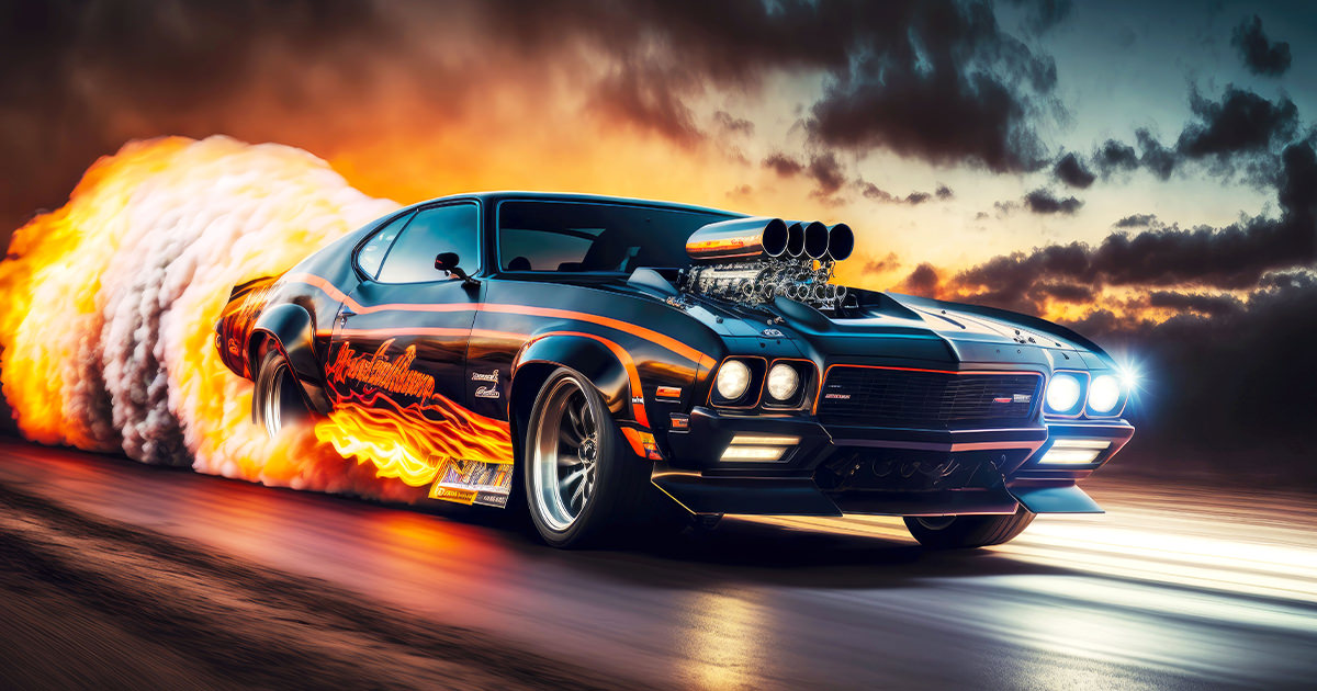 The image depicts a high-performance muscle car engulfed in flames while speeding down a road, creating an intense and dramatic scene. The car appears to be a classic American model with a powerful engine and exhaust system shooting out fire trails behind it. The background shows a dramatic cloudy sky with an orange and blue hue, adding to the action and energy of the image. This visually striking illustration captures the thrill and power associated with high-performance automotive culture.
